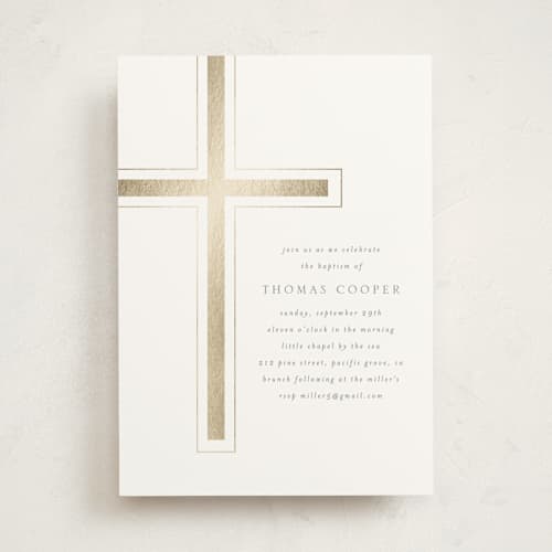 This is a puddle baptism and christening announcements with foil pressed by Erin Deegan called a simple cross printing on signature in standard