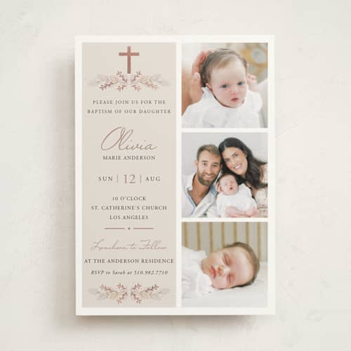 This is a cream baptism and christening announcements with foil pressed by Oma N. Ramkhelawan called stacked blessing printing on signature in standard