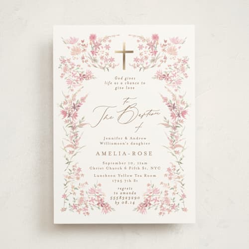 This is a powder baptism and christening announcements with foil pressed by Phrosné Barwood called meadow printing on signature in standard