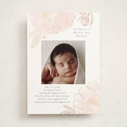 This is a peony baptism and christening announcements with foil pressed by Nicoletta Savod called sweet peony printing on signature in standard
