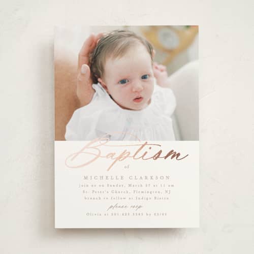 This is a toffee baptism and christening announcements with foil pressed by Creo Study called luxe script printing on signature in standard