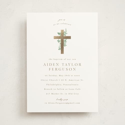 This is a mint baptism and christening announcements with foil pressed by Everett Paper Goods called botanically printing on signature in standard