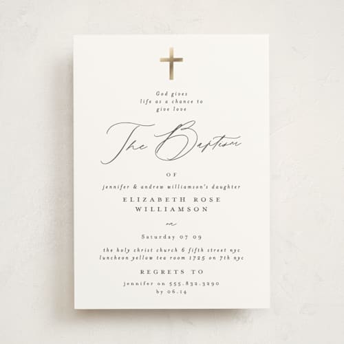 This is a cloud baptism and christening announcements with foil pressed by Phrosné Barwood called simple cross printing on signature in standard