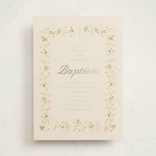 This is a peony baptism and christening announcements with foil pressed by Baumbirdy called floral garden printing on signature in standard