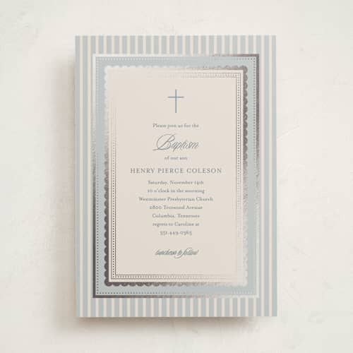 This is a chambray baptism and christening announcements with foil pressed by Jessica Williams called fairmont printing on signature in standard