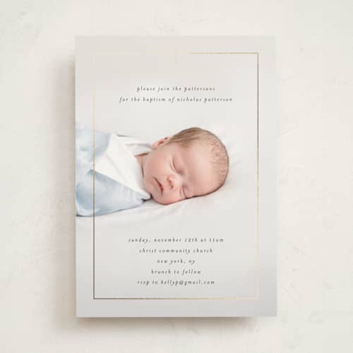 This is a stone baptism and christening announcements with foil pressed by Stacy Maalouf called precious printing on signature in standard