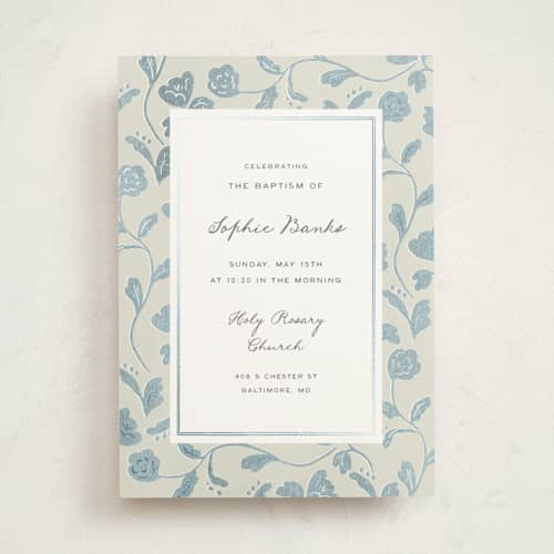 This is a bluebell baptism and christening announcements with foil pressed by Ani Somi called florentine printing on signature in standard