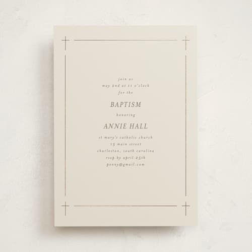This is a vanilla baptism and christening announcements with foil pressed by Baumbirdy called delicate cross. frame printing on signature in standard