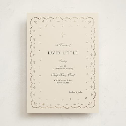 This is a vintage ivory baptism and christening announcements with foil pressed by Ani Somi called heirloom eyelet printing on signature in standard