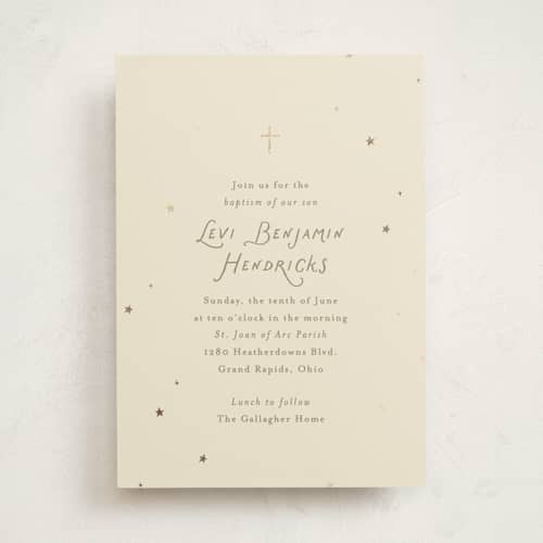 This is a cream baptism and christening announcements with foil pressed by Ellen Schlegelmilch called celestine printing on signature in standard