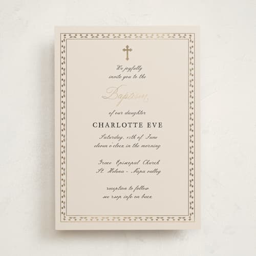 This is a champagne baptism and christening announcements with foil pressed by Benita Crandall called vintage border printing on signature in standard