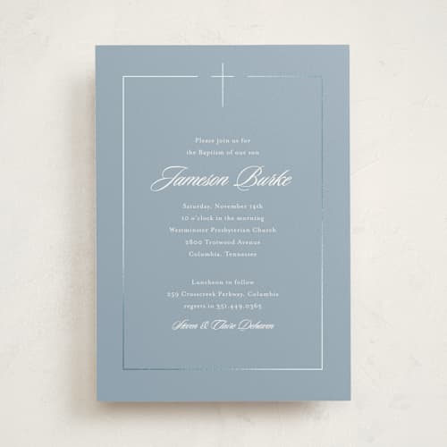 This is a bluebell baptism and christening announcements with foil pressed by Jessica Williams called covenant printing on signature in standard