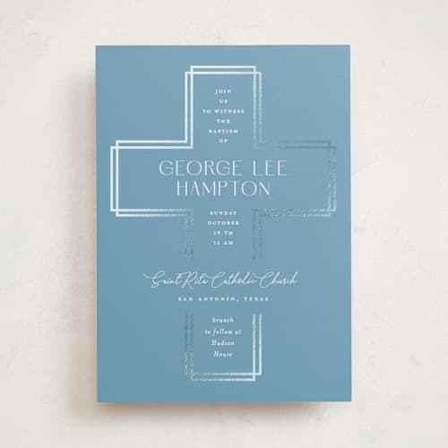 This is a glacier baptism and christening announcements with foil pressed by Lauren Chism called modern heirloom printing on signature in standard