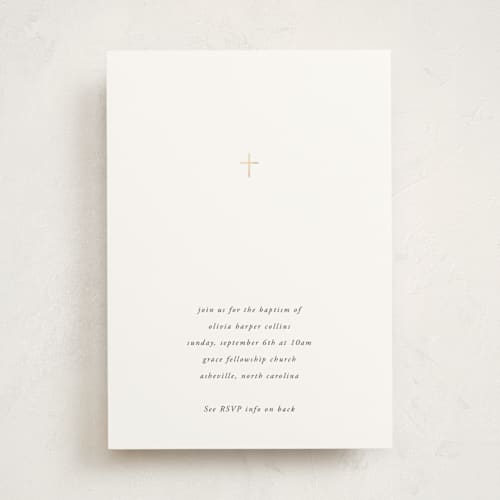 This is a snow baptism and christening announcements with foil pressed by Lori Wemple called simple cross printing on signature in standard