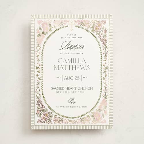 This is a rose baptism and christening announcements with foil pressed by Jenna Holcomb called wildflower frame printing on signature in standard
