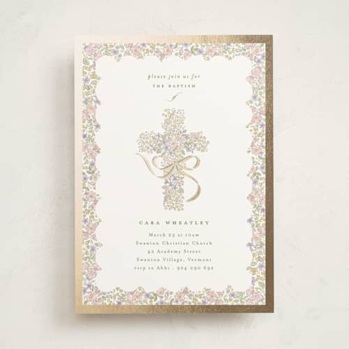 This is a sage baptism and christening announcements with foil pressed by Corinne Malesic called cottage garden printing on signature in standard