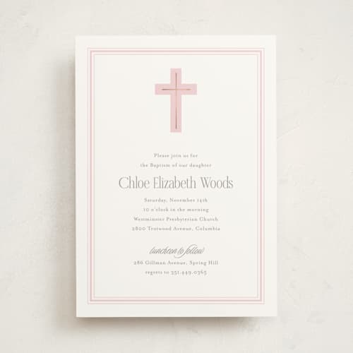 This is a cotton candy baptism and christening announcements with foil pressed by Jessica Williams called aria printing on signature in standard