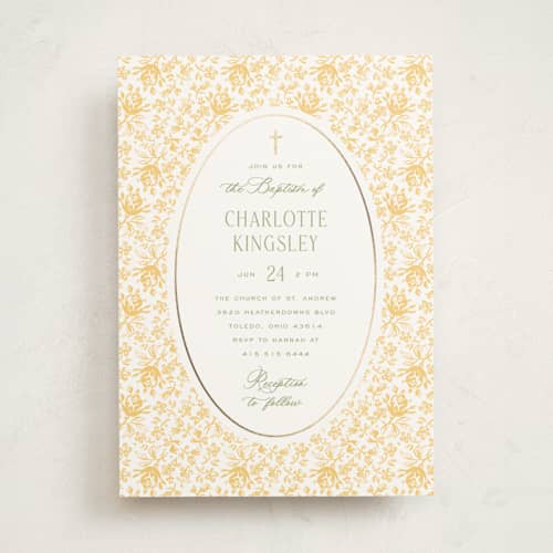 This is a daffodil baptism and christening announcements with foil pressed by Heather Schertzer called calico printing on signature in standard
