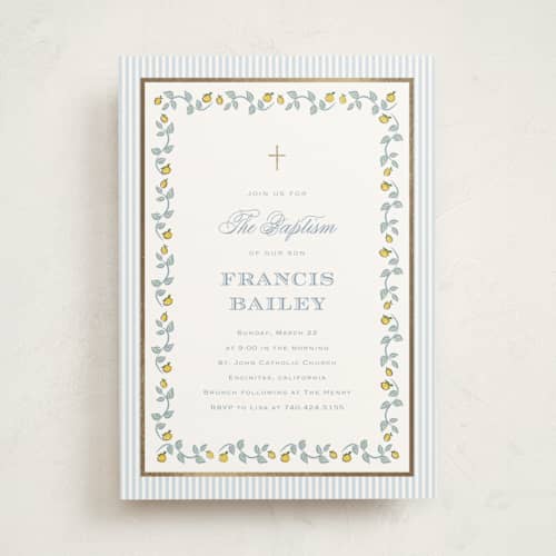This is a sky baptism and christening announcements with foil pressed by Carolyn MacLaren called lemon stripes printing on signature in standard