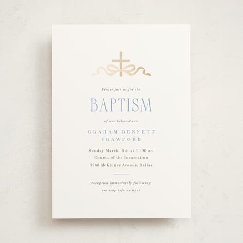This is a celestial baptism and christening announcements with foil pressed by Olivia Raufman called ribbon and cross printing on signature in standard