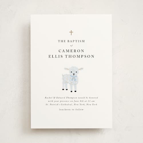This is a sky baptism and christening announcements with foil pressed by mo kelley called little lamb printing on signature in standard
