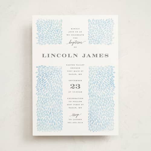 This is a powder blue baptism and christening announcements with standard by Michelle Taylor called water drops printing on signature in standard
