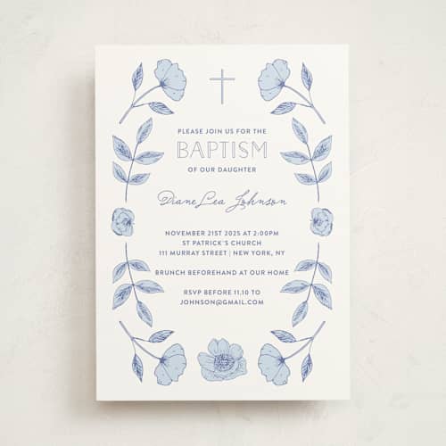 This is a navy baptism and christening announcements with standard by Bonjour Paper called botanical frame printing on signature in standard