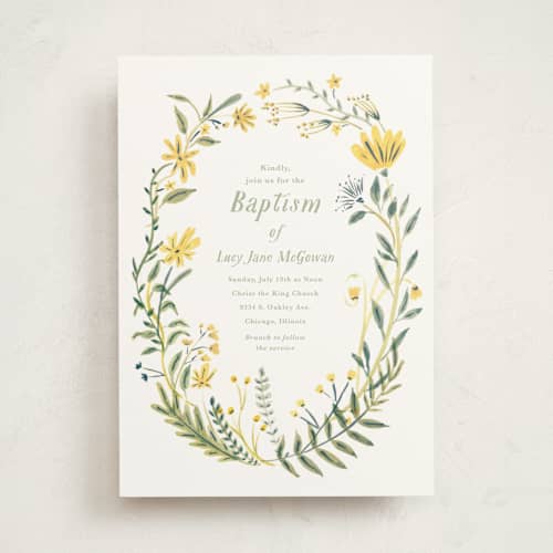 This is a lime baptism and christening announcements with standard by Morgan Ramberg called cheerful blessing printing on signature in standard