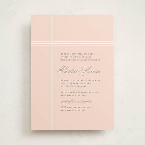 This is a blush baptism and christening announcements with standard by Lauren Chism called intersect printing on signature in standard