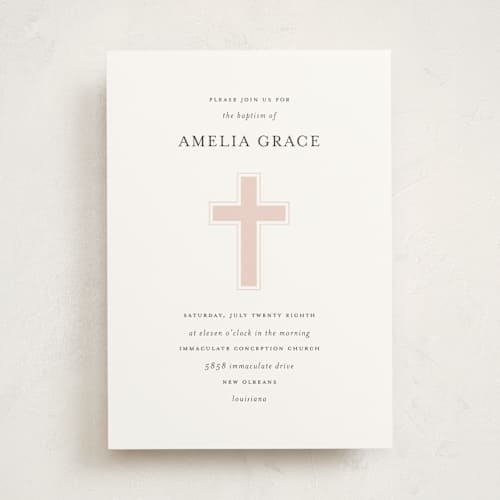 This is a rose baptism and christening announcements with standard by Dennis Smith called elegant cross printing on signature in standard