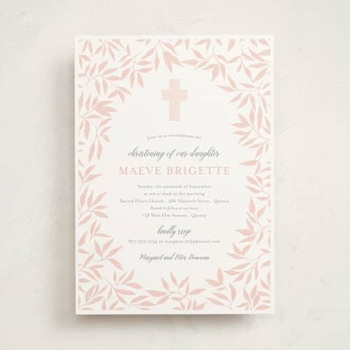 This is a blush baptism and christening announcements with standard by Paula Pecevich called blessed laurels printing on signature in standard