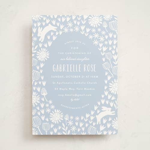 This is a periwinkle baptism and christening announcements with standard by Angela Thompson called woodland meadow printing on signature in standard