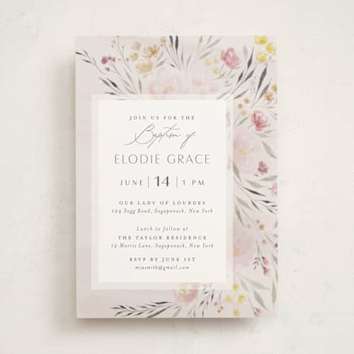 This is a peony baptism and christening announcements with standard by Nicoletta Savod called primavera printing on signature in standard