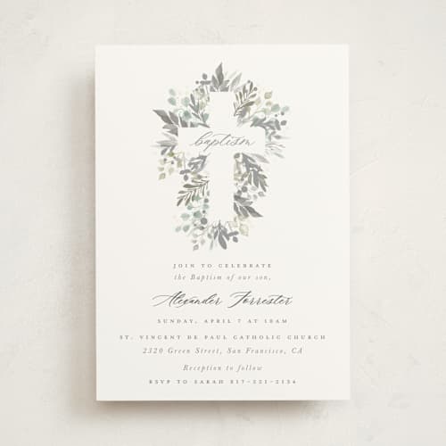 This is a eucalyptus baptism and christening announcements with standard by Hudson meet Rose called foliage cross printing on signature in standard