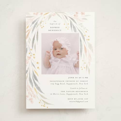 This is a nectar baptism and christening announcements with standard by Nicoletta Savod called floral showers printing on signature in standard