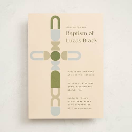 This is a serene baptism and christening announcements with standard by Pati Cascino called geometric cross printing on signature in standard