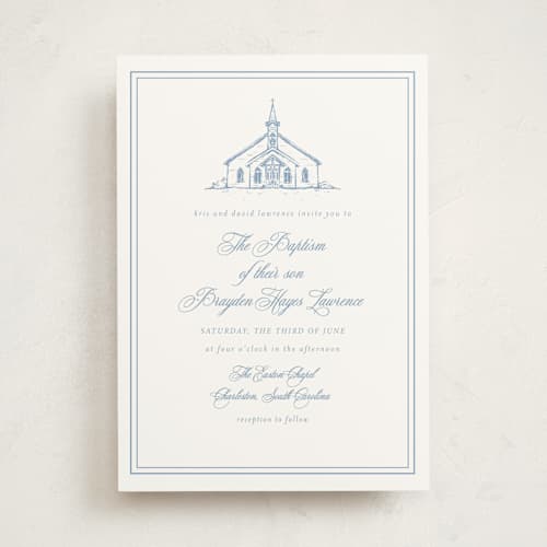 This is a provincial baptism and christening announcements with standard by Melinda Denison called the chapel printing on signature in standard