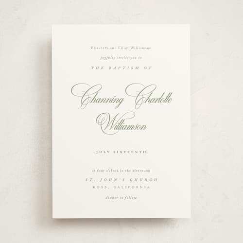 This is a garden baptism and christening announcements with standard by Kelly Schmidt called chic script printing on signature in standard