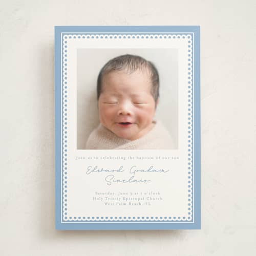 This is a sky baptism and christening announcements with standard by Nicole Walsh called stitched frame printing on signature in standard