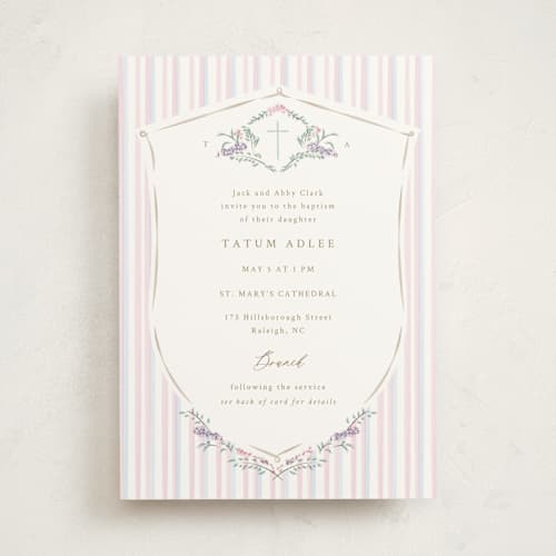 This is a peony baptism and christening announcements with standard by Corinne Malesic called vintage whimsy printing on signature in standard