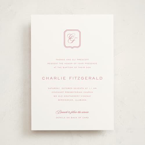 This is a rose baptism and christening announcements with standard by Megan Davis called bowery printing on signature in standard