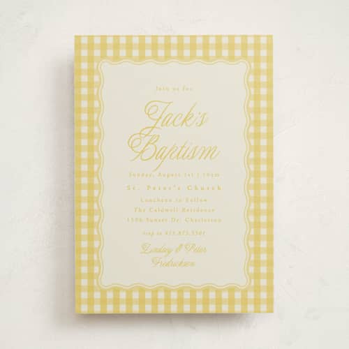 This is a lemonade baptism and christening announcements with standard by Brianne Larsen called scalloped gingham printing on signature in standard