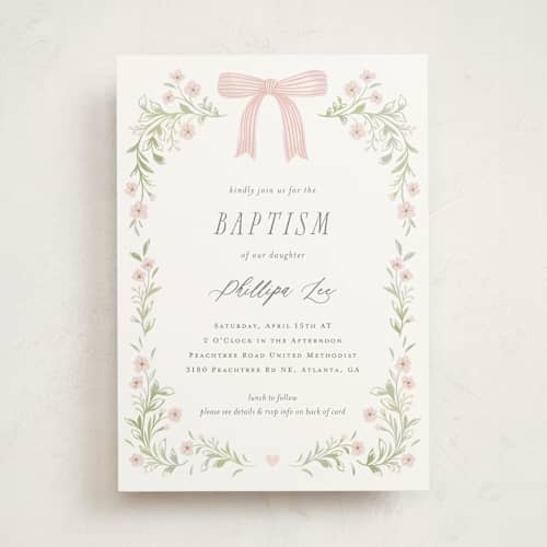 This is a blush baptism and christening announcements with standard by Paper Raven Co. called dainty garden printing on signature in standard