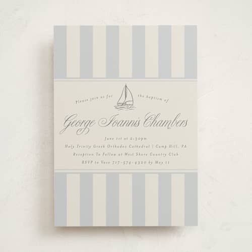 This is a sailor baptism and christening announcements with standard by Stephanie Hawkes called on board printing on signature in standard