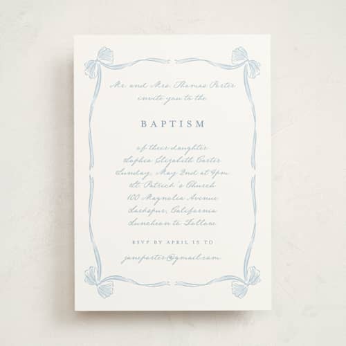 This is a lagoon baptism and christening announcements with standard by Leah Bisch called bow frame printing on signature in standard