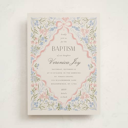 This is a rose mist baptism and christening announcements with standard by Vera Lim called floral frame.. printing on signature in standard