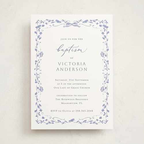 This is a periwinkle baptism and christening announcements with standard by Lucrecia Caporale called delicate summer frame printing on signature in standard