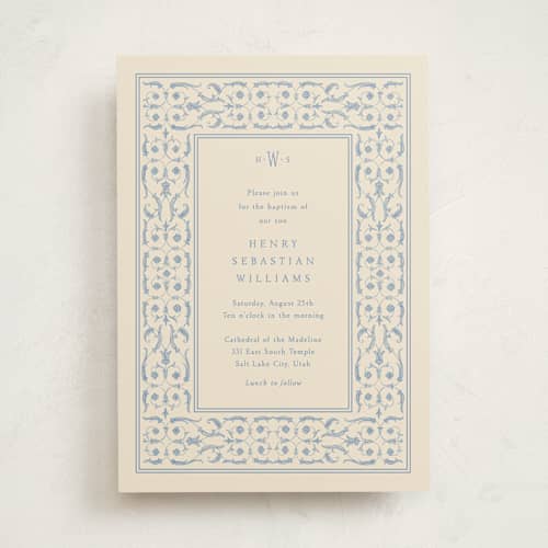 This is a cream baptism and christening announcements with standard by Robert and Stella called baptism bookplate printing on signature in standard