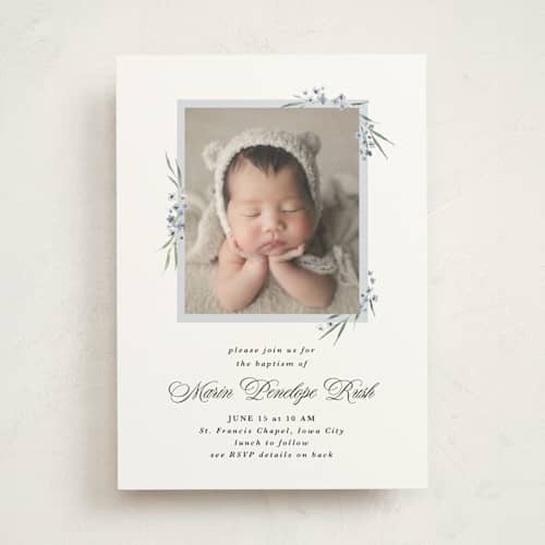 This is a sky baptism and christening announcements with standard by Kate Ahn called vinca printing on signature in standard