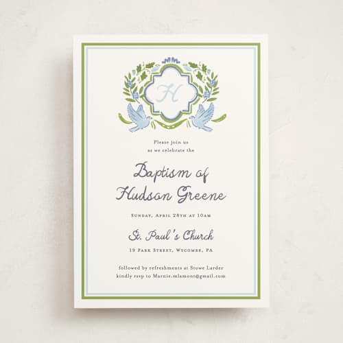 This is a apple baptism and christening announcements with standard by Corinne Malesic called dove crest printing on signature in standard